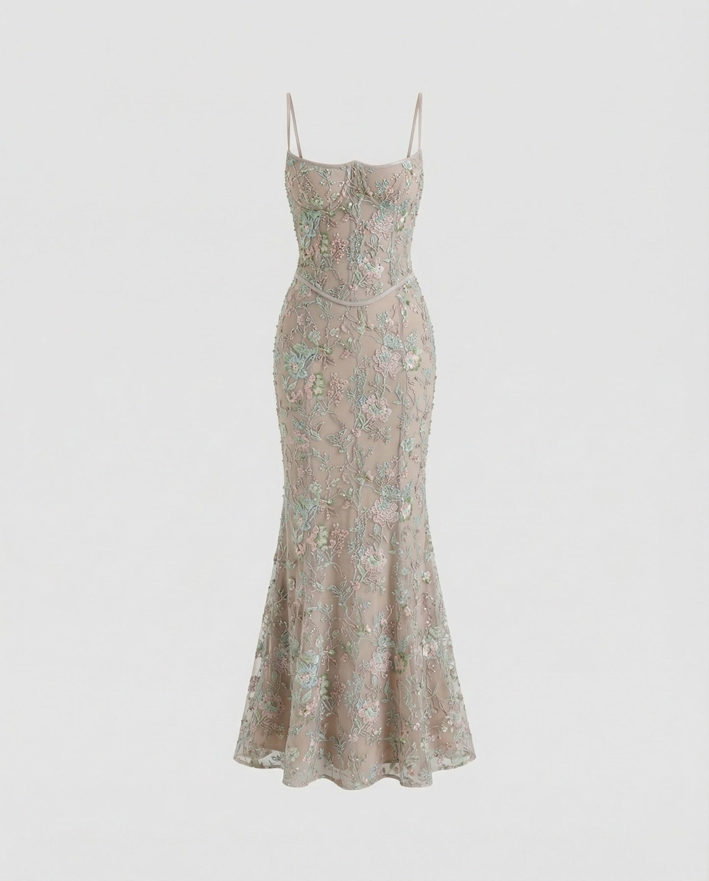 Abendkleid lang mit Spitze und Stickerei in Grau