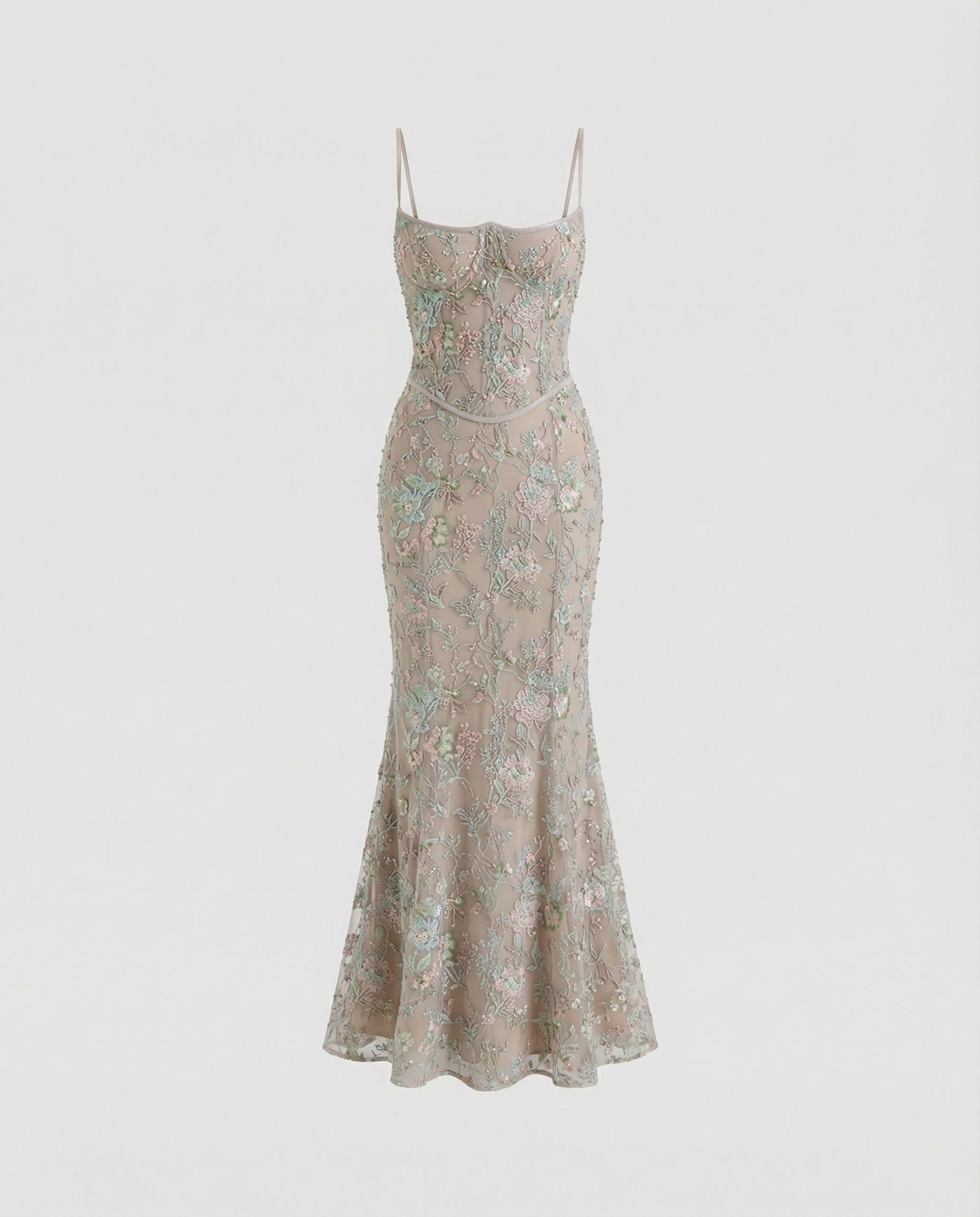 Abendkleid lang mit Spitze und Stickerei in Grau
