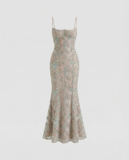 Abendkleid lang mit Spitze und Stickerei in Grau