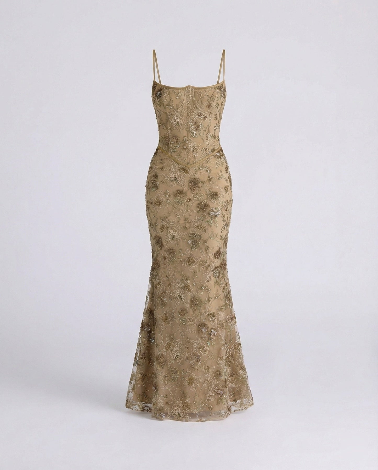 Abendkleid lang mit Spitze und Stickerei in Olivgrün