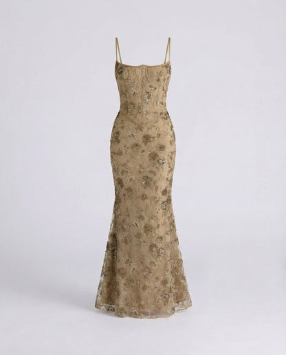 Abendkleid lang mit Spitze und Stickerei in Olivgrün