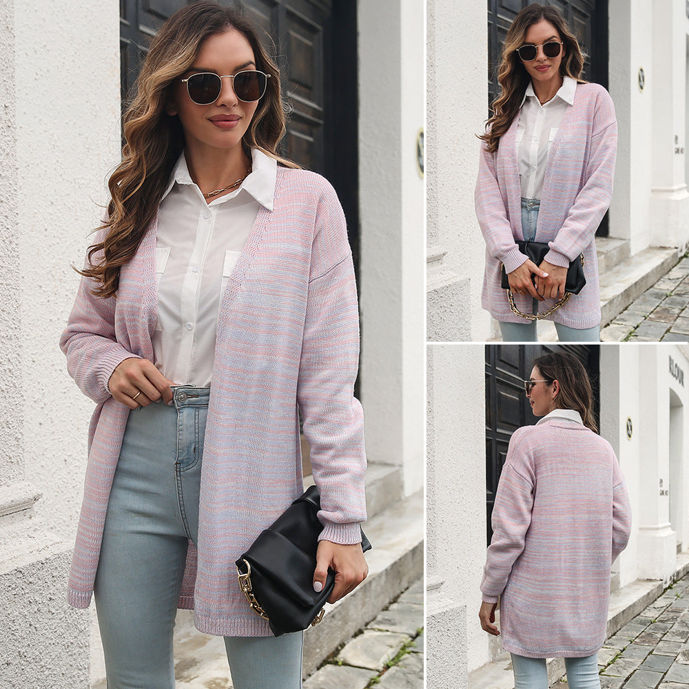 Damen lockere Strickjacke mit modischem Streifenmuster in Bunt
