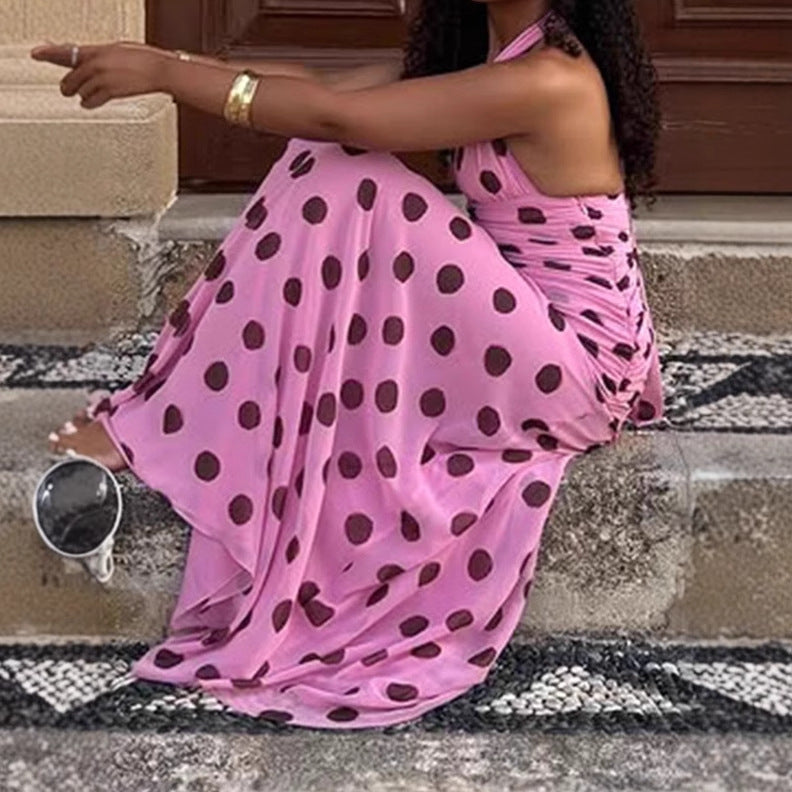 Damen Elegantes Maxikleid mit Punkten und tiefem V-Ausschnitt in Magenta