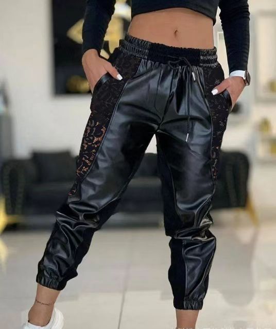 Damen Lässige Jogginghose mit coolen Spitzeinsätzen und elastischem Bund in Schwarz