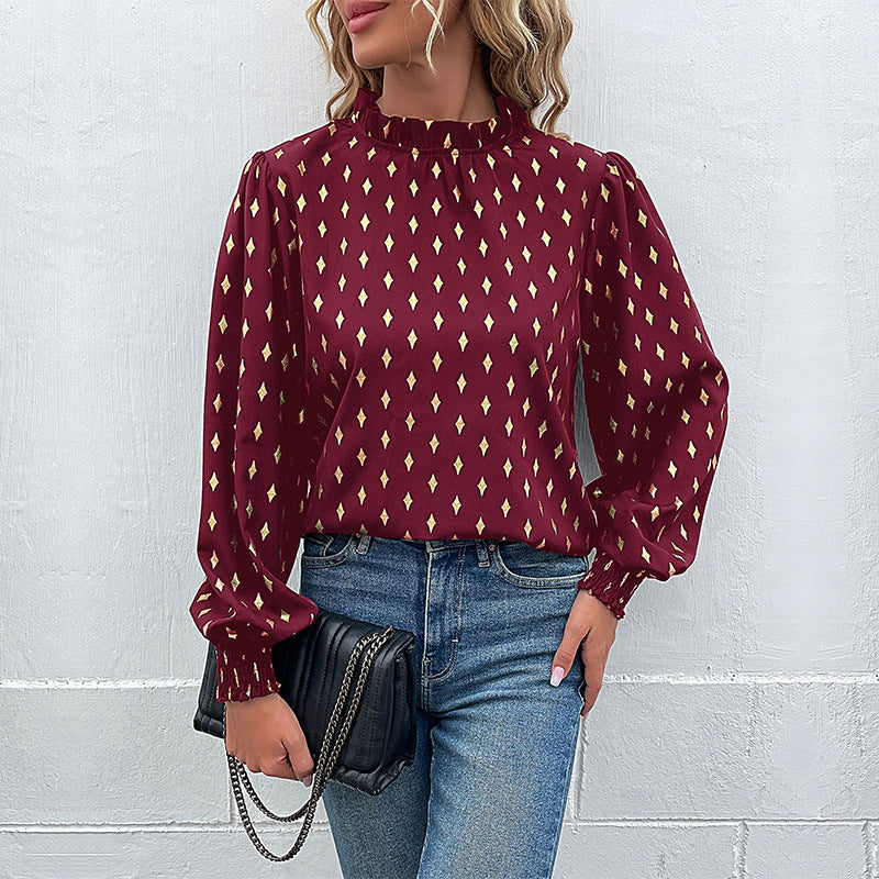 Damen Bluse mit elegantem Musterdruck und elegantem Stehkragen in Dunkelblau