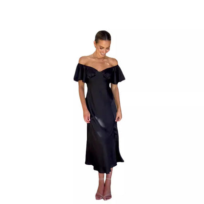 Damen elegantes Off-Shoulder Maxikleid mit seitlichem Schlitz und luftigen Rüschendetails in Schwarz