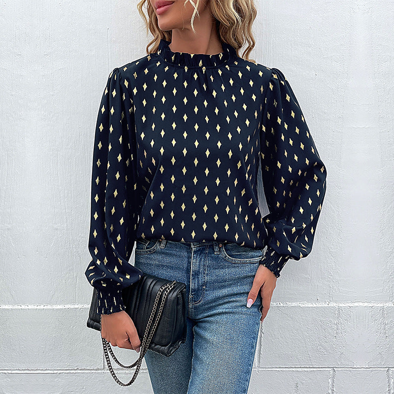 Damen Bluse mit elegantem Musterdruck und elegantem Stehkragen in Grün