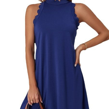 Damen ärmelloses Kleid mit Scalloped-Ausschnitt und fließendem Schnitt in Blau