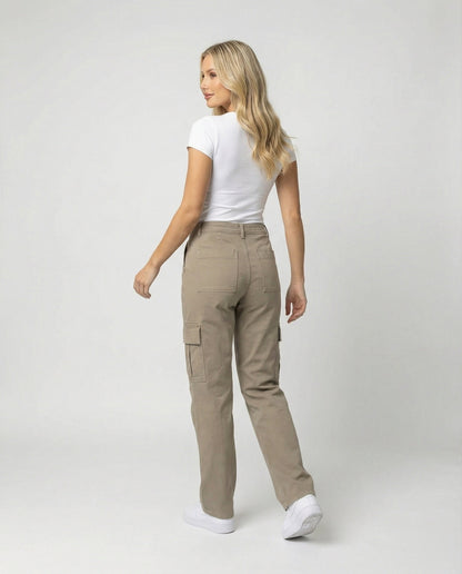 Damen hochgeschnittene Workwear-Cargohose mit geradem Bein und aufgesetzten Klapptaschen in Khaki