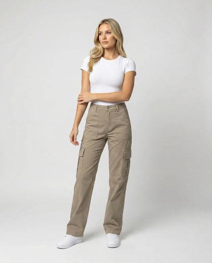 Damen hochgeschnittene Workwear-Cargohose mit geradem Bein und aufgesetzten Klapptaschen in Grau