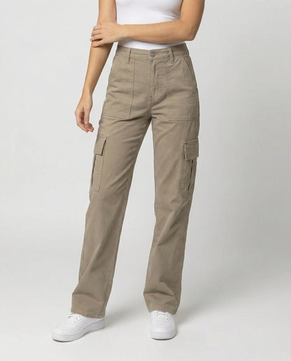 Damen hochgeschnittene Workwear-Cargohose mit geradem Bein und aufgesetzten Klapptaschen in Khaki