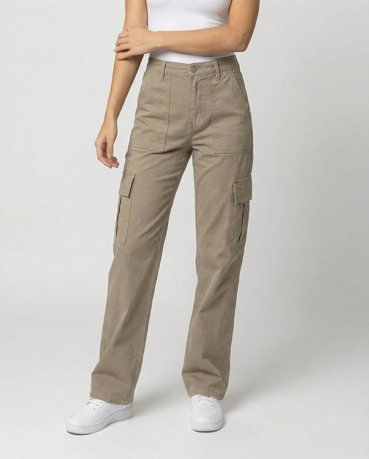 Damen hochgeschnittene Workwear-Cargohose mit geradem Bein und aufgesetzten Klapptaschen in Khaki