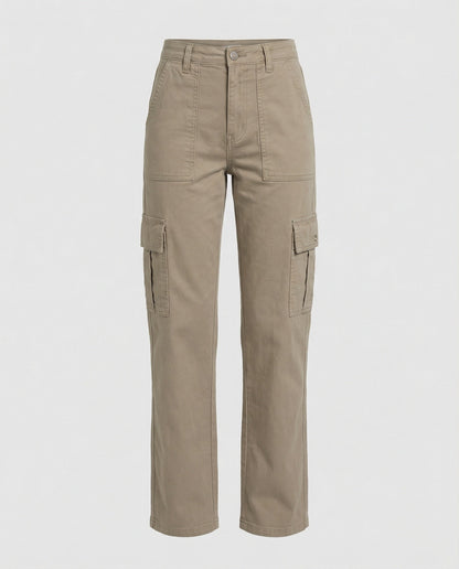 Damen hochgeschnittene Workwear-Cargohose mit geradem Bein und aufgesetzten Klapptaschen in Grau