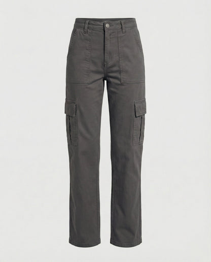 Damen hochgeschnittene Workwear-Cargohose mit geradem Bein und aufgesetzten Klapptaschen in Khaki