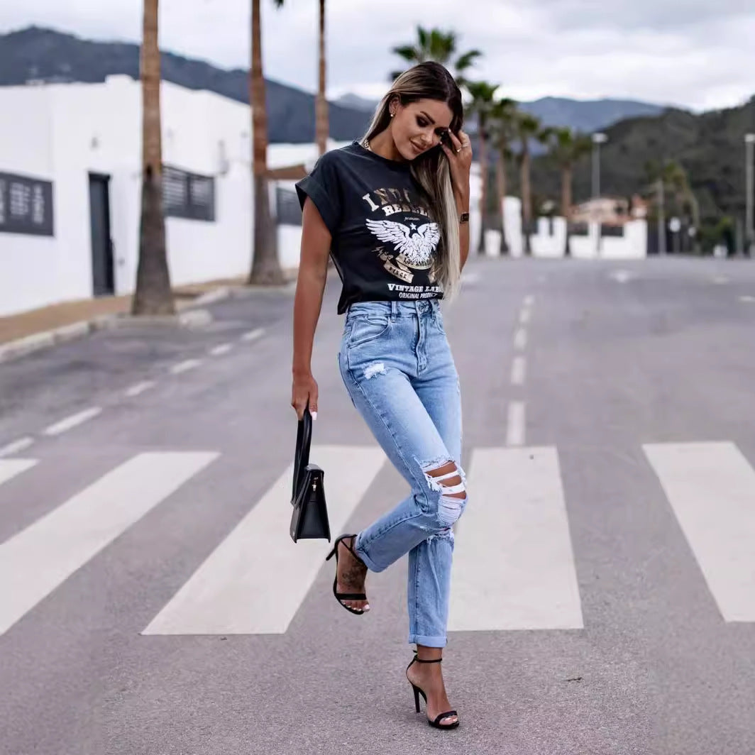 Damen Destroyed Jeans im High-Waist-Stil in Hellblau