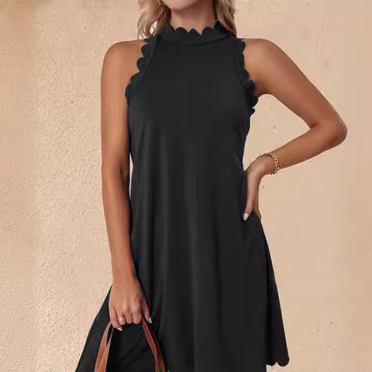 Damen ärmelloses Kleid mit Scalloped-Ausschnitt und fließendem Schnitt in Blau