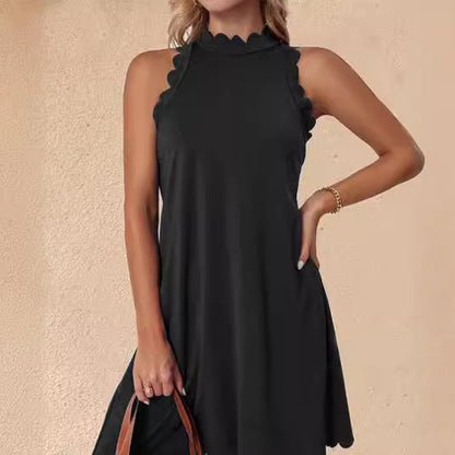 Damen ärmelloses Kleid mit Scalloped-Ausschnitt und fließendem Schnitt in Blau