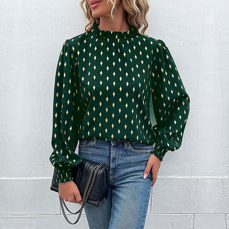 Damen Bluse mit elegantem Musterdruck und elegantem Stehkragen in Grün