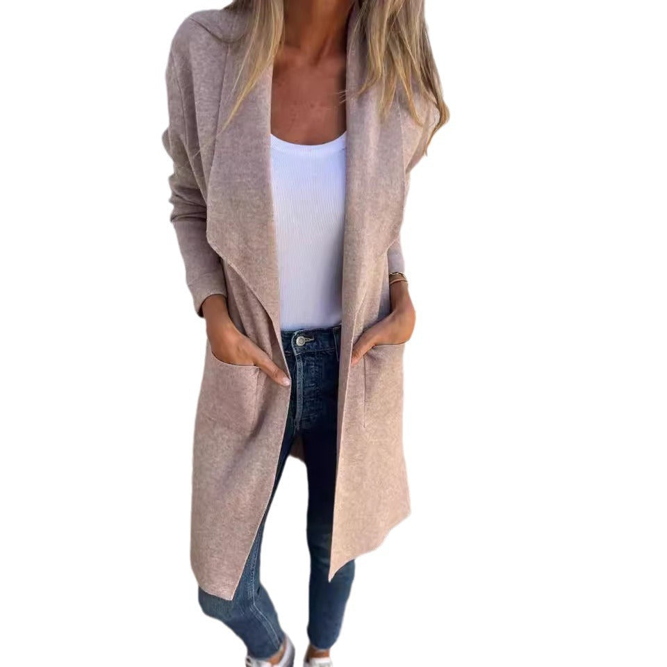 Damen Langer Strickcardigan mit offenen Kanten und Taschen in Khaki