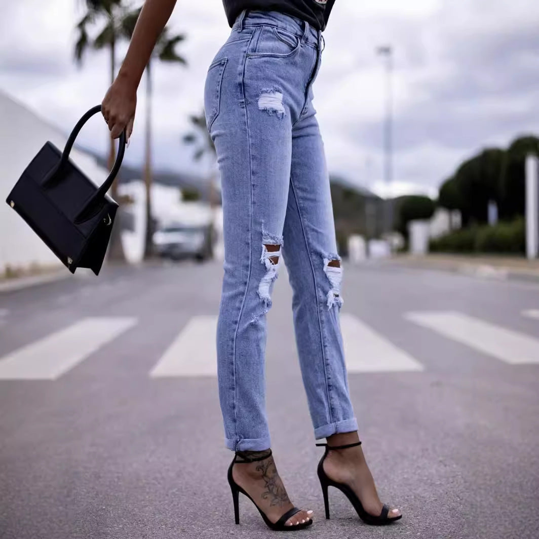 Damen Destroyed Jeans im High-Waist-Stil in Hellblau