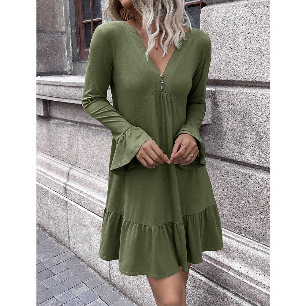Damen lockeres Kleid mit schmeichelndem V-Ausschnitt und Glockenärmeln in Olivgrün