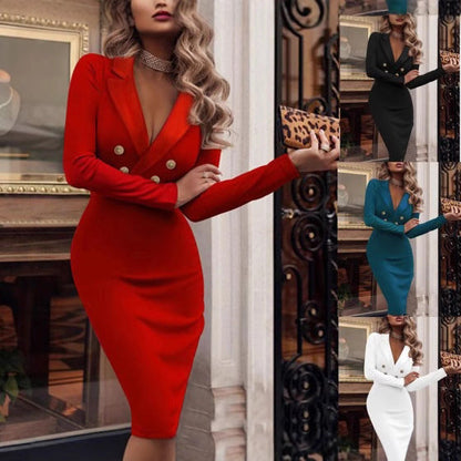 Damen figurbetontes Blazer-Kleid mit Doppeltknopfverschluss und elegantem Design in Weiß