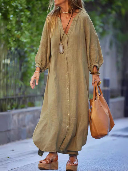 Damen Maxikleid mit Knöpfen und eleganten Ärmeln in Khaki