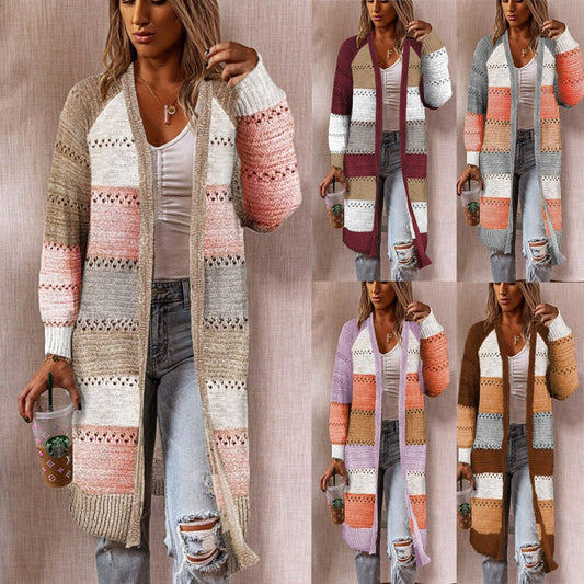 Damen Langstrickjacke mit modernem Streifenmuster und offenen Front in Braun