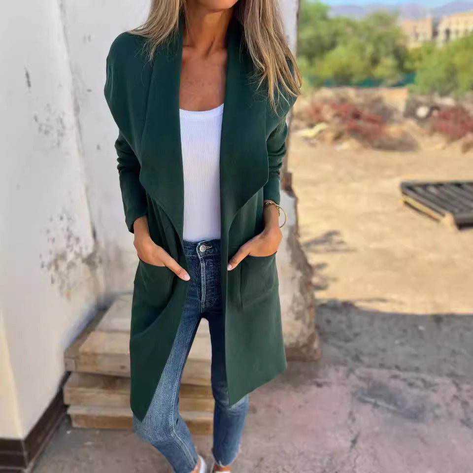 Damen Langer Strickcardigan mit offenen Kanten und Taschen in Schwarz