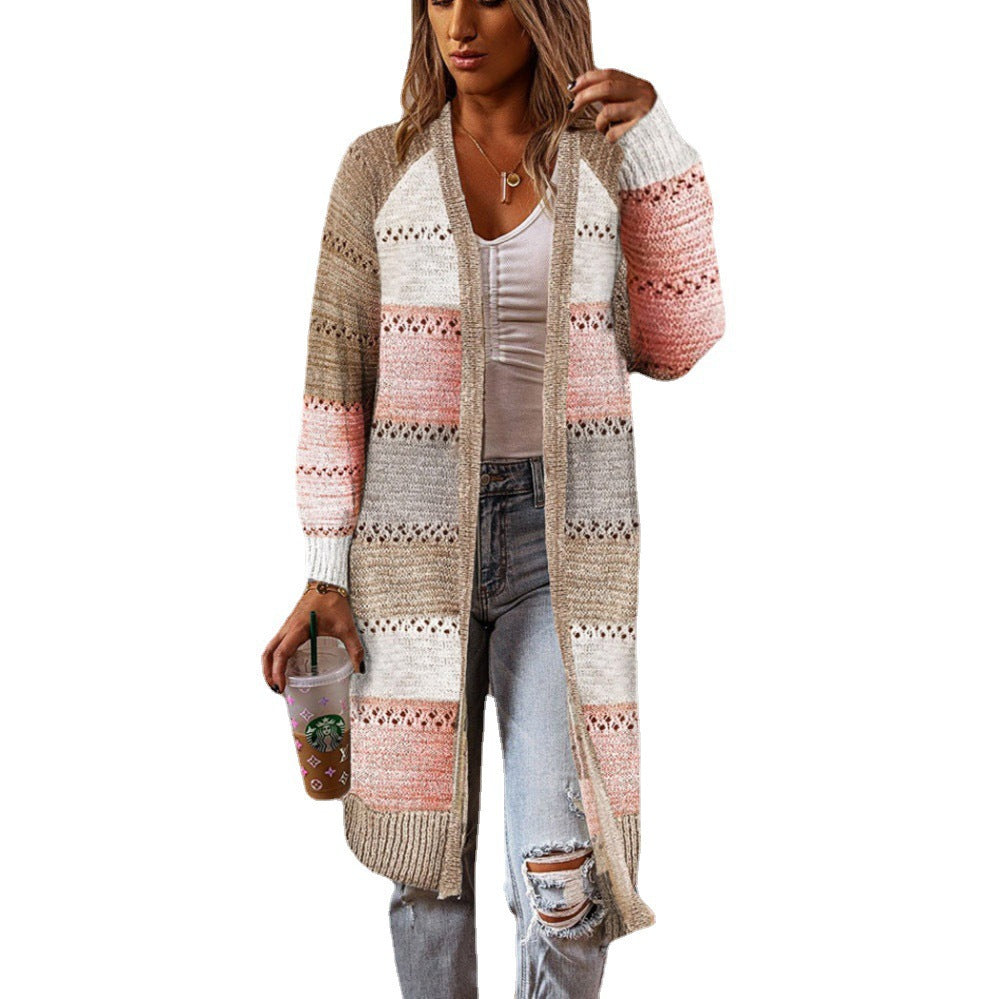 Damen Langstrickjacke mit modernem Streifenmuster und offenen Front in Khaki
