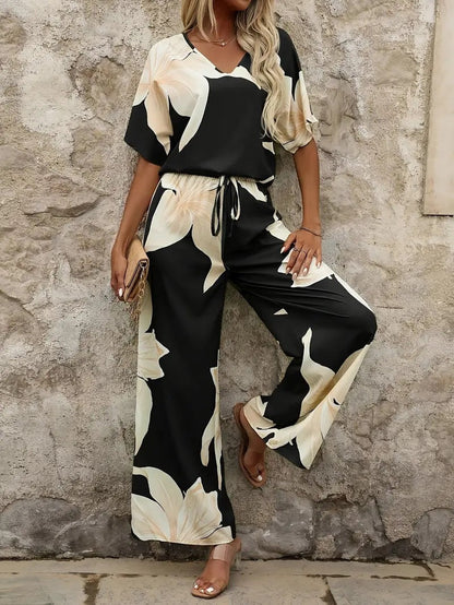 Damen luftiger Hosenanzug mit floralem Print und elastischem Bund in Grün
