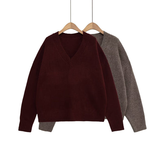 Damen V-Ausschnitt Strickpullover in Rotbraun