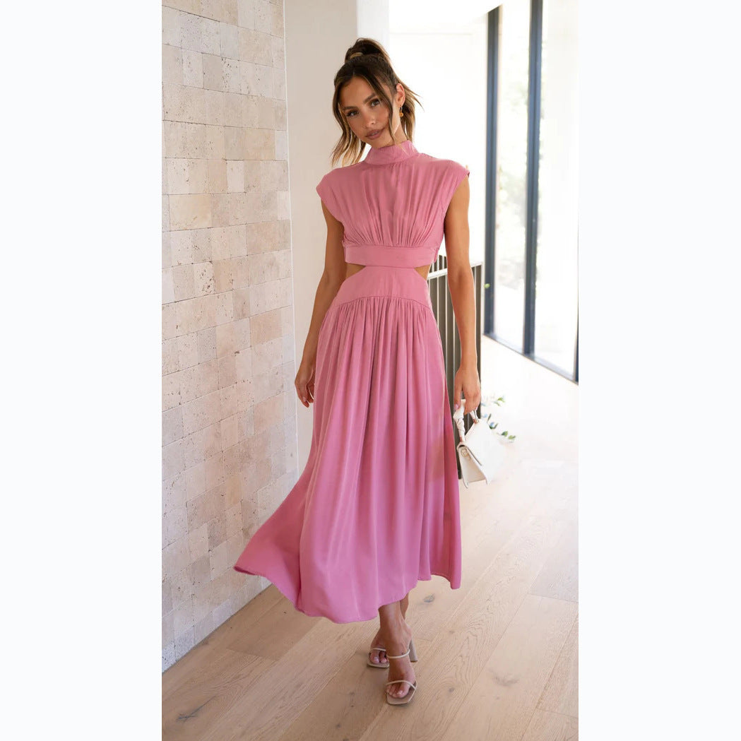 Damen Maxi-Kleid mit schickem Stehkragen und elegantem Cut-Out in Hellblau