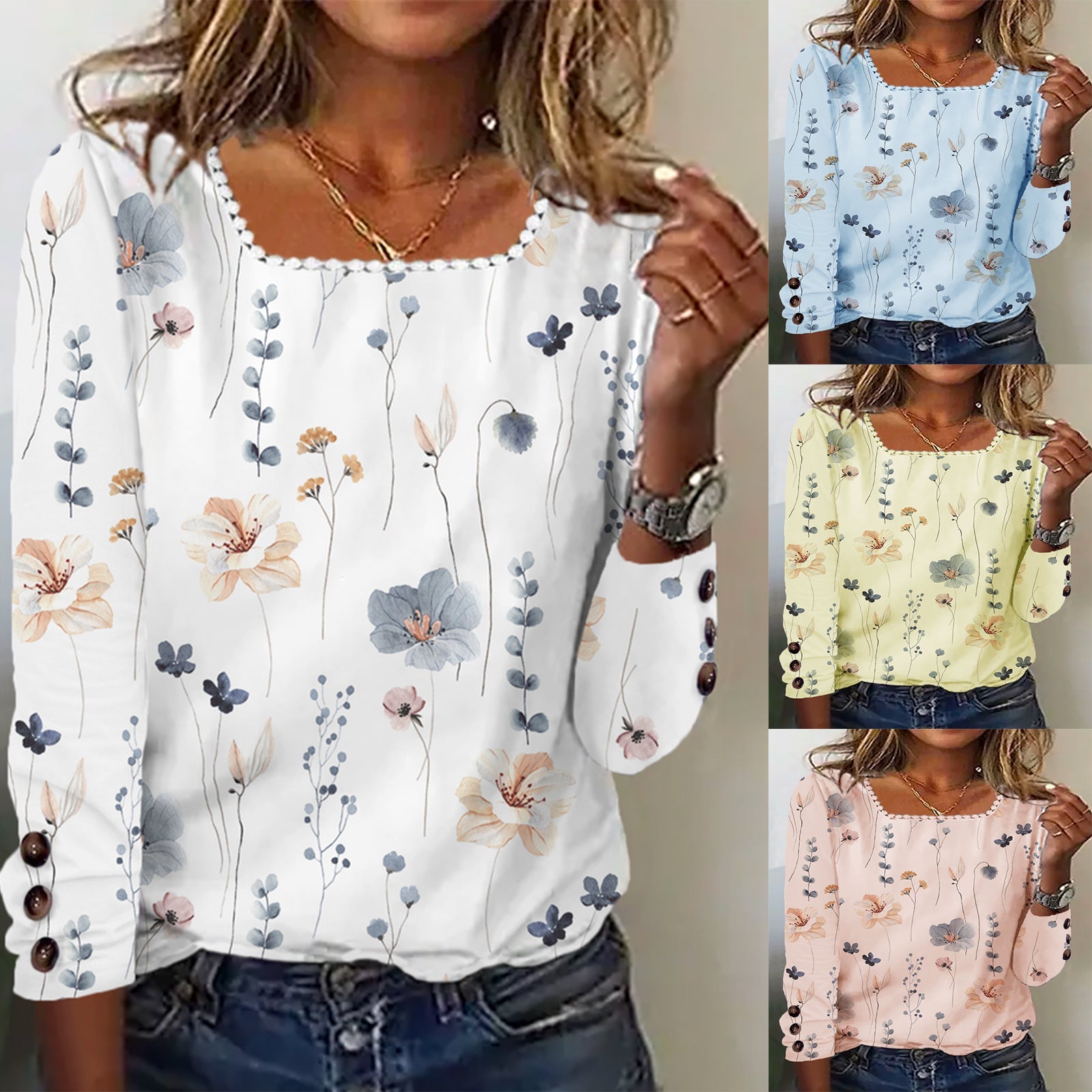Damen Bluse mit floralem Druck und dekorativen Knopfdetails in Hellblau