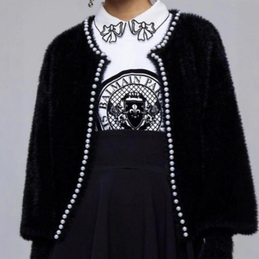 Strickjacke Damen flauschig mit Perlenverzierung in Schwarz