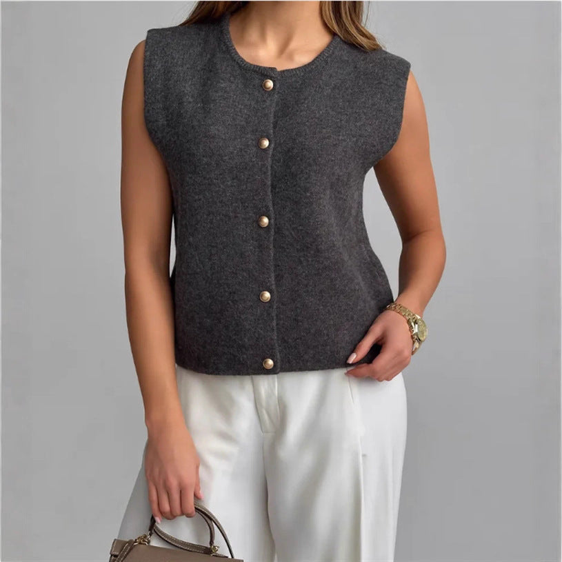 Damen Strickweste elegant mit Knopfverschluss in Braun