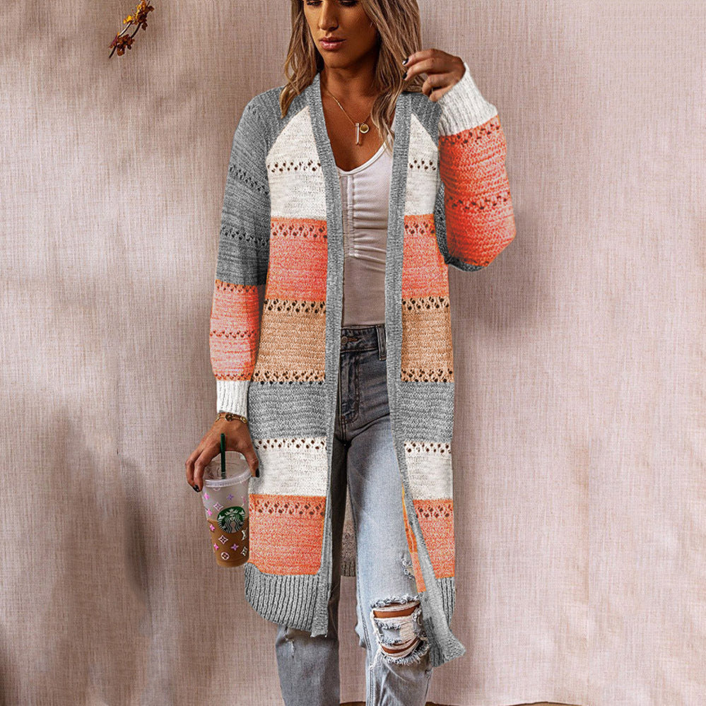 Damen Langstrickjacke mit modernem Streifenmuster und offenen Front in Grau
