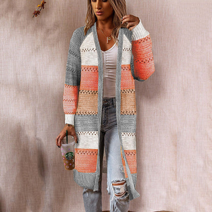 Damen Langstrickjacke mit modernem Streifenmuster und offenen Front in Grau