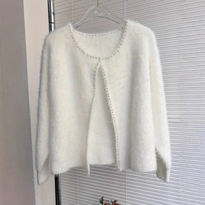 Strickjacke Damen flauschig mit Perlenverzierung in Schwarz