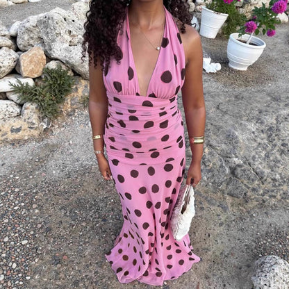 Damen Elegantes Maxikleid mit Punkten und tiefem V-Ausschnitt in Magenta