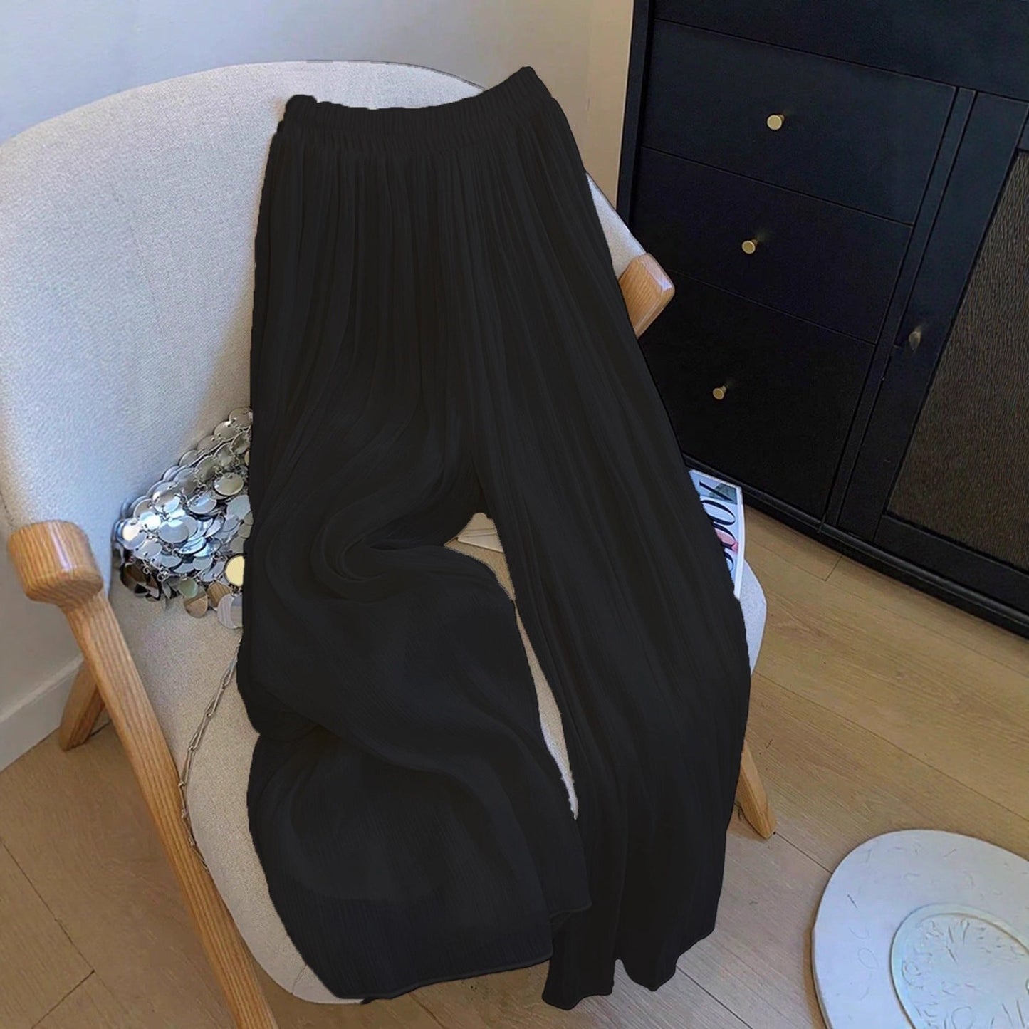 Damen weite Plissee-Hose mit elastischem Taillenbund in Hellblau