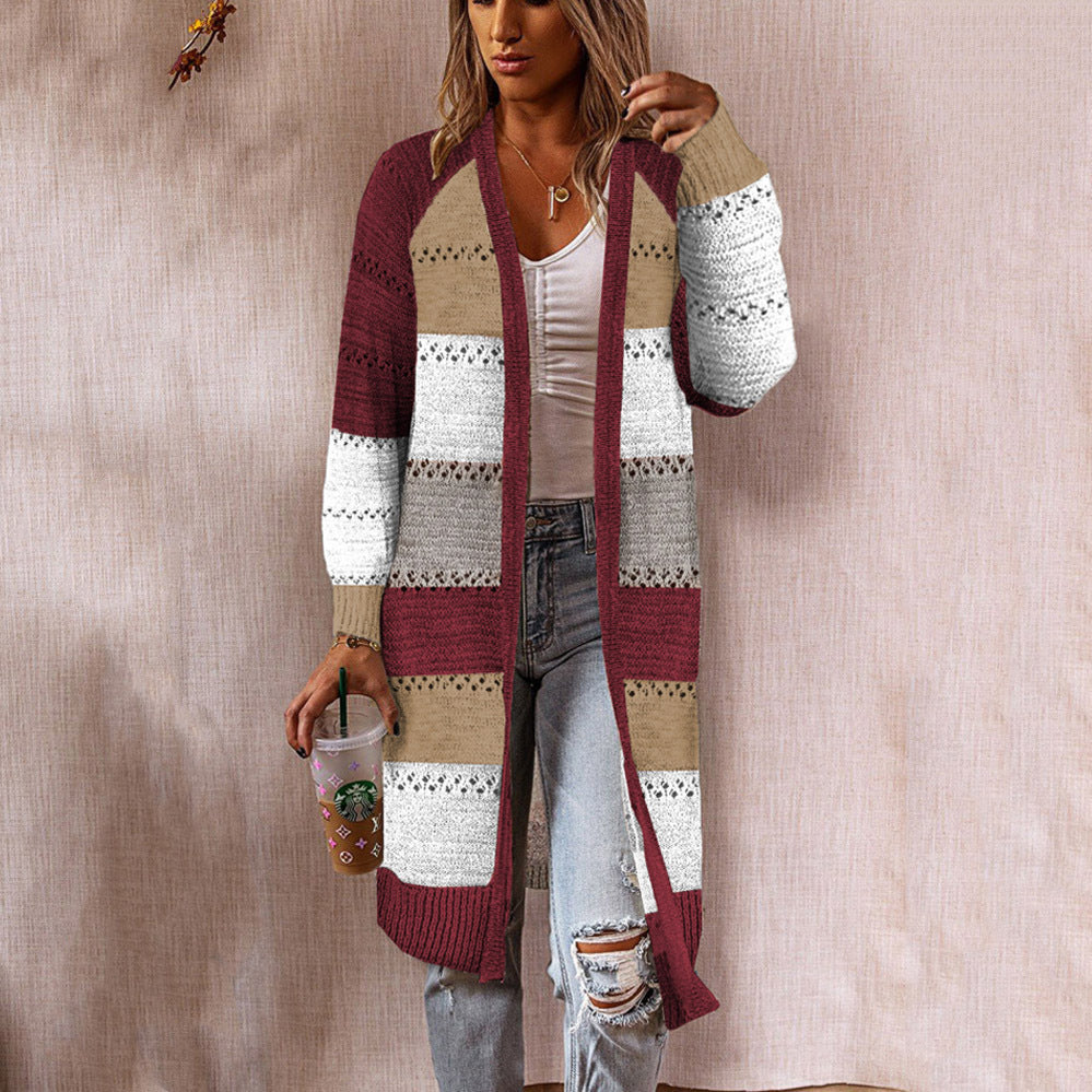 Damen Langstrickjacke mit modernem Streifenmuster und offenen Front in Schwarz