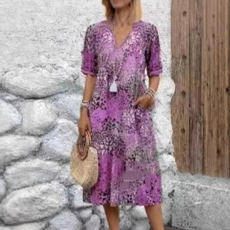 Damen lässiges Midikleid mit seitlichen Taschen in Magenta