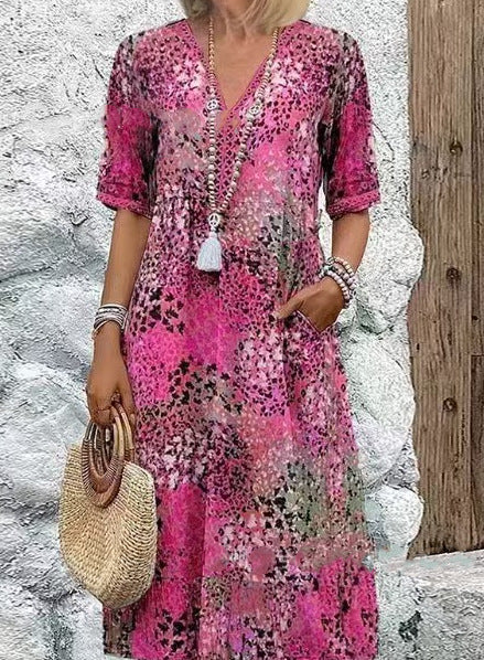 Damen lässiges Midikleid mit seitlichen Taschen in Rosa