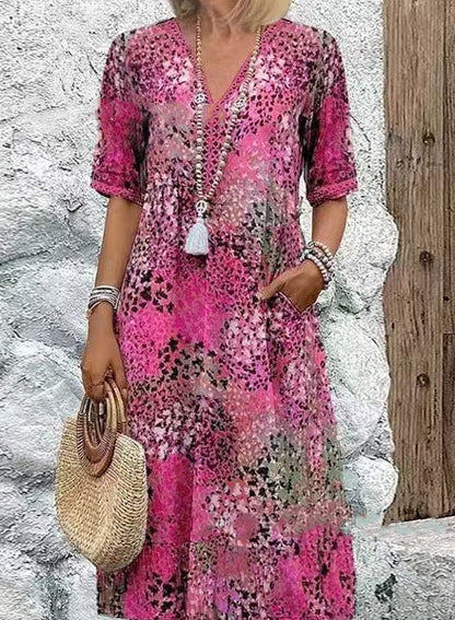 Damen lässiges Midikleid mit seitlichen Taschen in Rosa