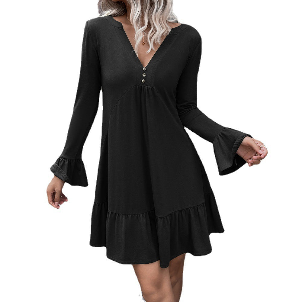 Damen lockeres Kleid mit schmeichelndem V-Ausschnitt und Glockenärmeln in Grau