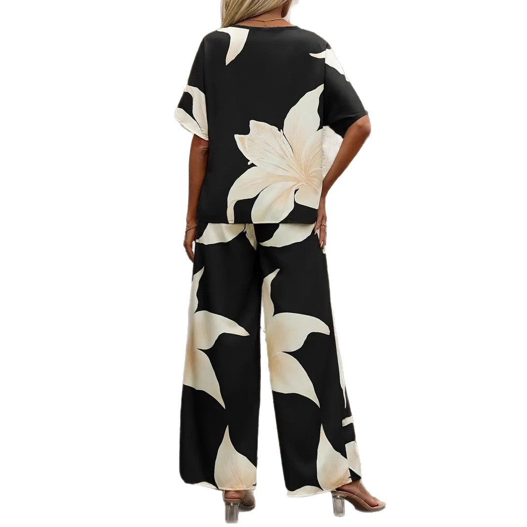 Damen Luftiges Zweiteiliges Set mit floralem Design und weitem Schnitt in Schwarz