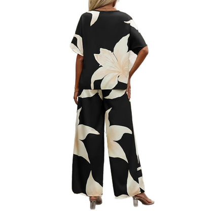 Damen Luftiges Zweiteiliges Set mit floralem Design und weitem Schnitt in Schwarz