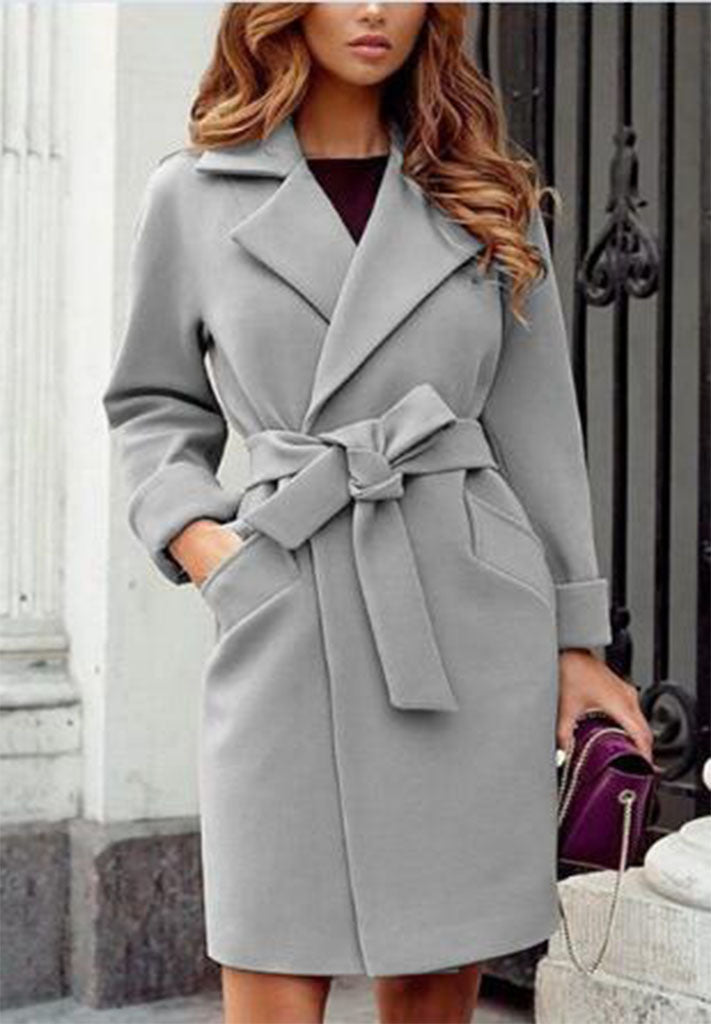 Damen eleganter Trenchcoat mit Gürtel und Taschen in Dunkelblau
