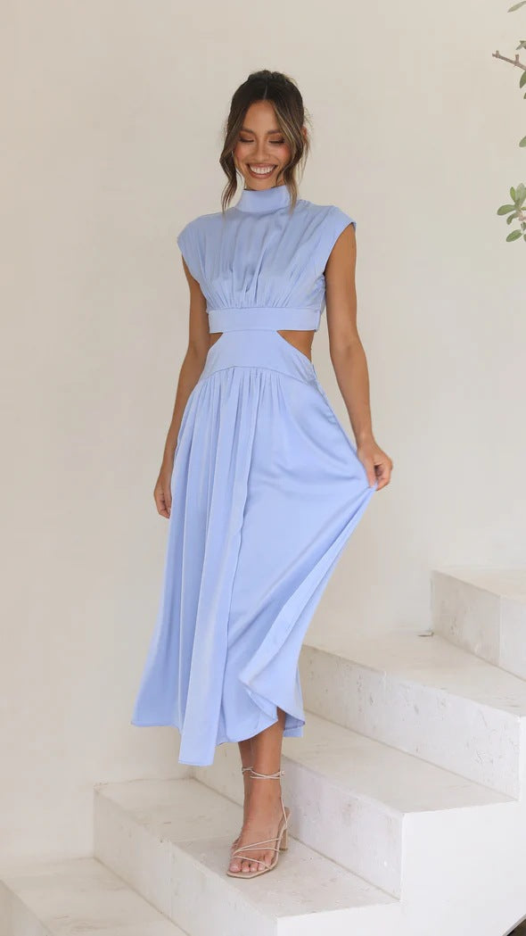 Damen Maxi-Kleid mit schickem Stehkragen und elegantem Cut-Out in Orange